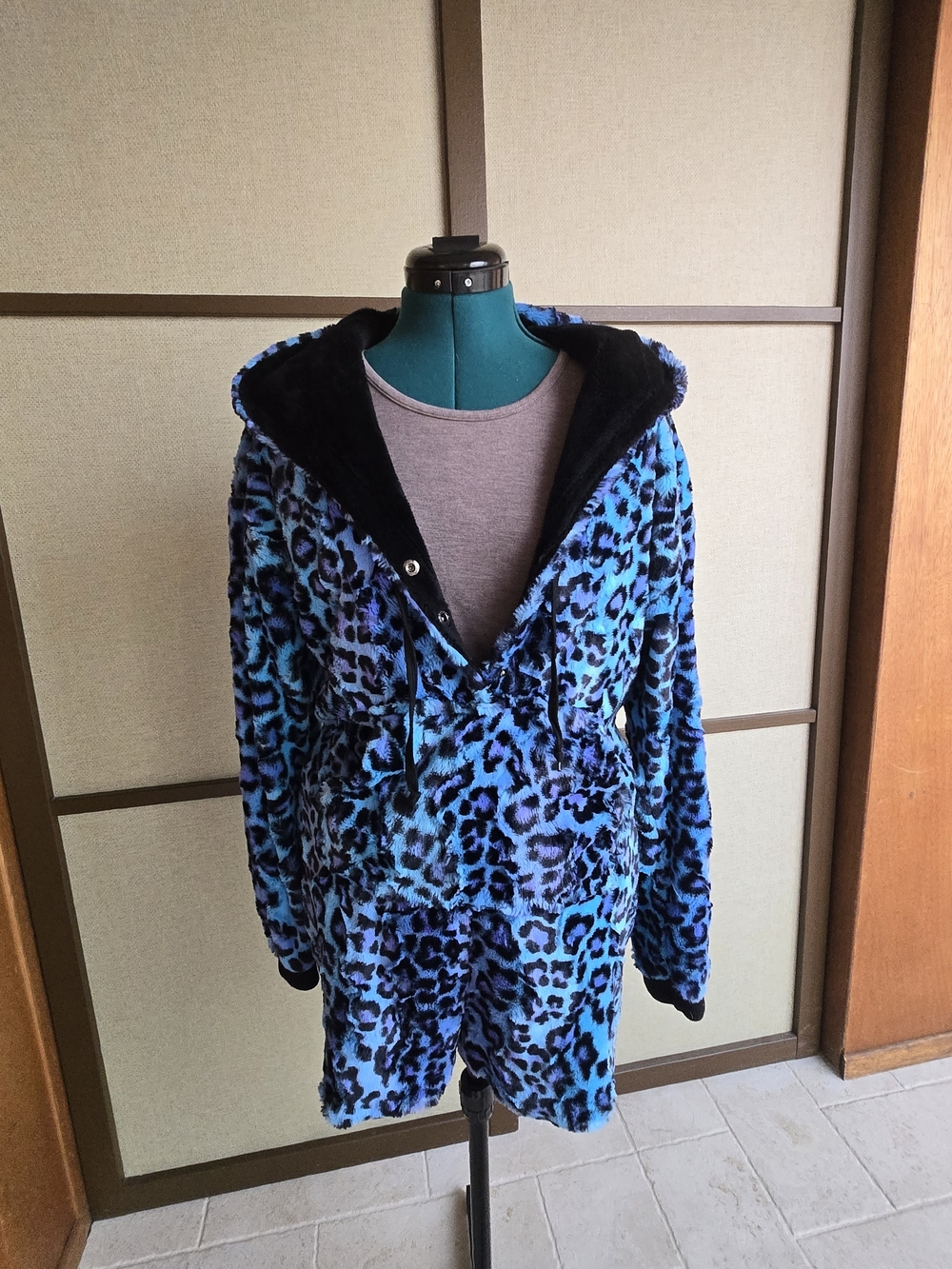 Blue Leopard Plush Hooded Jacket Romper - Picture 4 of 6